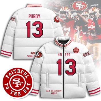 San Francisco 49ers Unisex Stand Collar Puffer Jacket - White / Brock Purdy - 13