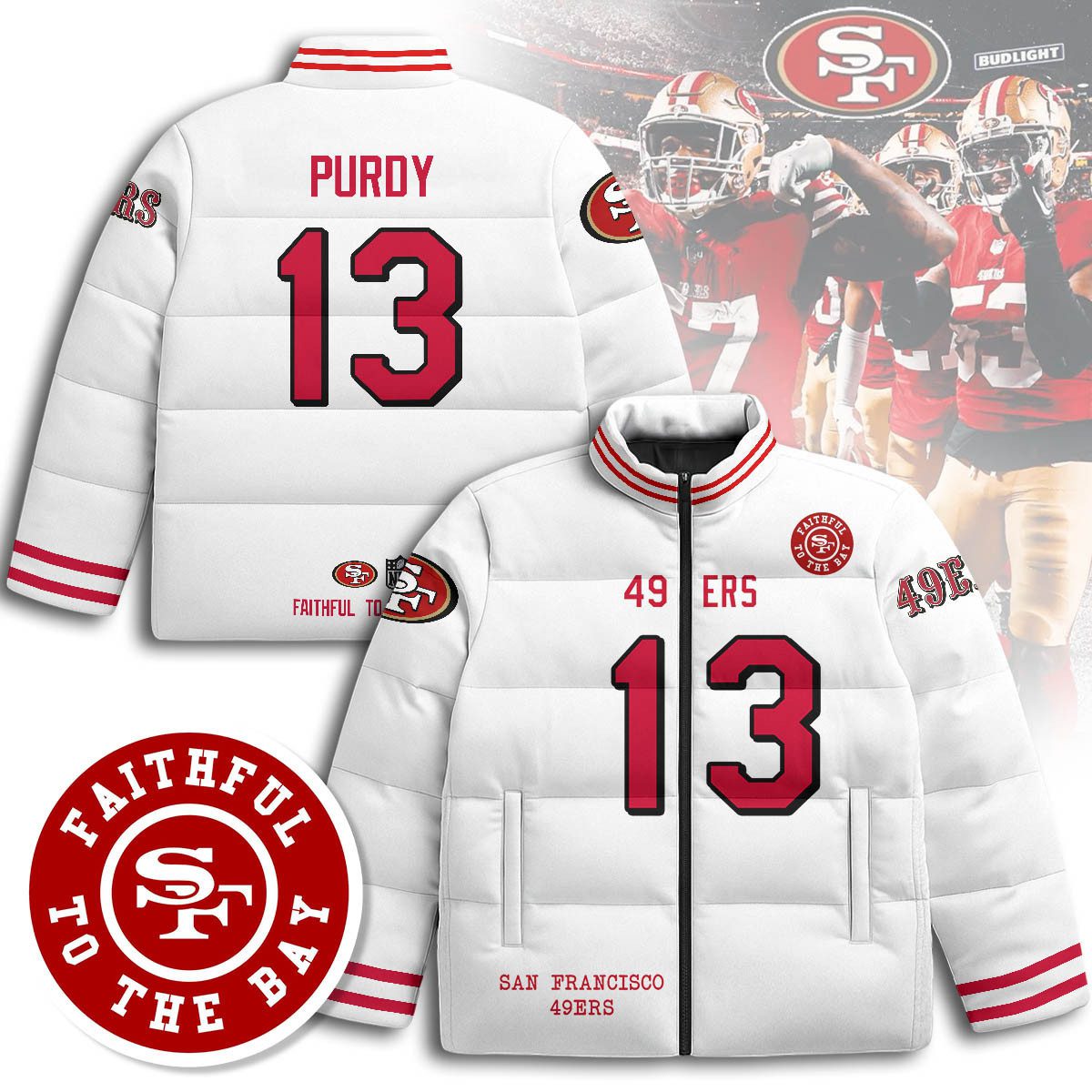 San-Francisco-49ers-Unisex-Stand-Collar-Puffer-Jacket-White-Brock-Purdy-13 San Francisco 49ers Unisex Stand Collar Puffer Jacket - White / Brock Purdy - 13