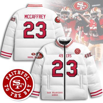San Francisco 49ers Unisex Stand Collar Puffer Jacket - White / Christian McCaffrey - 23