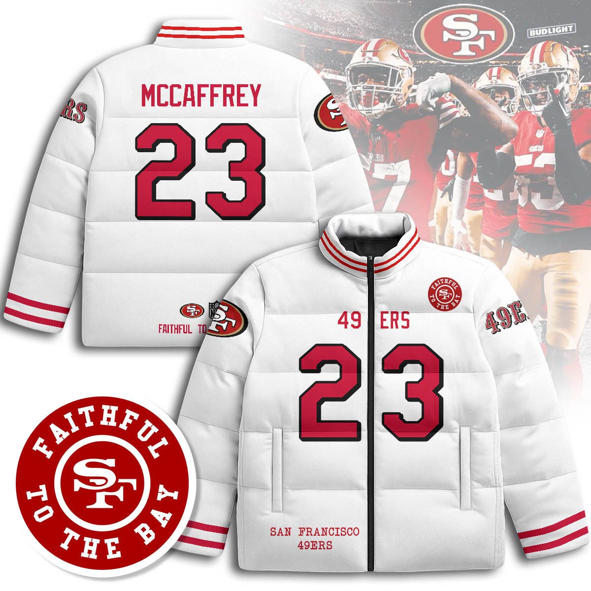 San-Francisco-49ers-Unisex-Stand-Collar-Puffer-Jacket-White-Christian-McCaffrey-23 San Francisco 49ers Unisex Stand Collar Puffer Jacket - White / Christian McCaffrey - 23