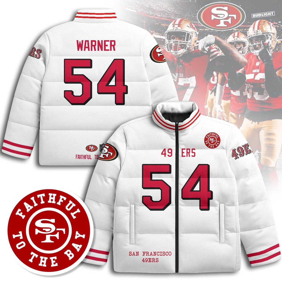 San-Francisco-49ers-Unisex-Stand-Collar-Puffer-Jacket-White-Fred-Warner-54 San Francisco 49ers Unisex Stand Collar Puffer Jacket - White / Fred Warner - 54
