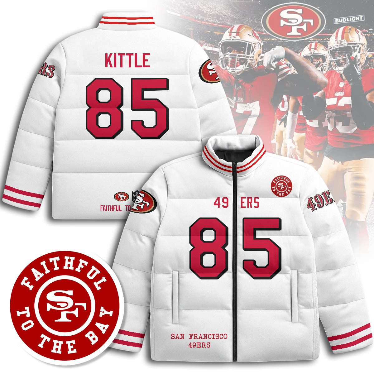 San-Francisco-49ers-Unisex-Stand-Collar-Puffer-Jacket-White-George-Kittle-85 San Francisco 49ers Unisex Stand Collar Puffer Jacket - White / George Kittle - 85