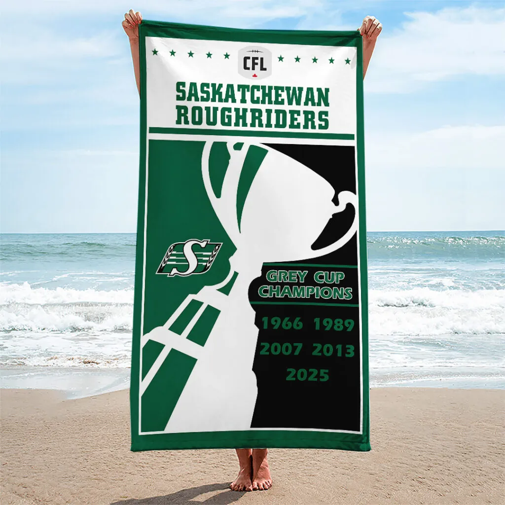 Saskatchewan-Roughriders-2025-Grey-Cup-Champions-Rectangle-Beach-Towel-NDT1126-1