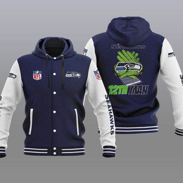 Seattle-Seahawks-Hooded-Button-Jacket-Varsity-Jacket-with-Hood-Navy Seattle Seahawks Hooded Button Jacket Varsity Jacket with Hood - Navy