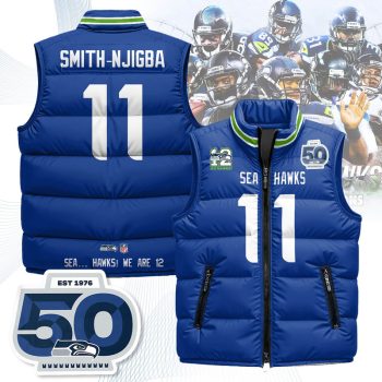 Seattle Seahawks Unisex Puffer Vest Sleeveless Down Jacket- Royal / Jaxon Smith-Njigba - 11