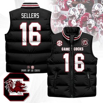 South Carolina Gamecocks Unisex Puffer Vest Sleeveless Down Jacket- Black / LaNorris Sellers - 16