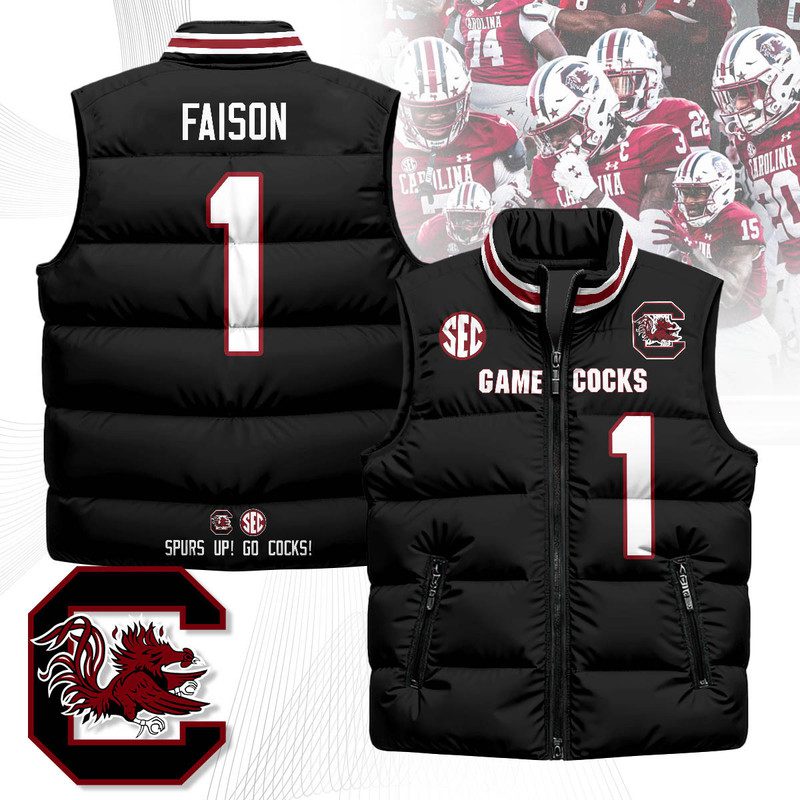 South-Carolina-Gamecocks-Unisex-Puffer-Vest-Sleeveless-Down-Jacket-Black-Rahsul-Faison-1 South Carolina Gamecocks Unisex Puffer Vest Sleeveless Down Jacket- Black / Rahsul Faison - 1