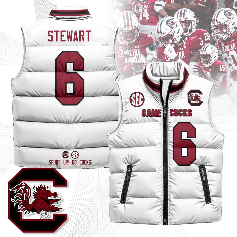 South-Carolina-Gamecocks-Unisex-Puffer-Vest-Sleeveless-Down-Jacket-White-Dylan-Stewart-6 South Carolina Gamecocks Unisex Puffer Vest Sleeveless Down Jacket- White / Dylan Stewart - 6