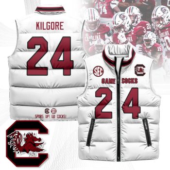 South Carolina Gamecocks Unisex Puffer Vest Sleeveless Down Jacket- White / Jalon Kilgore - 24