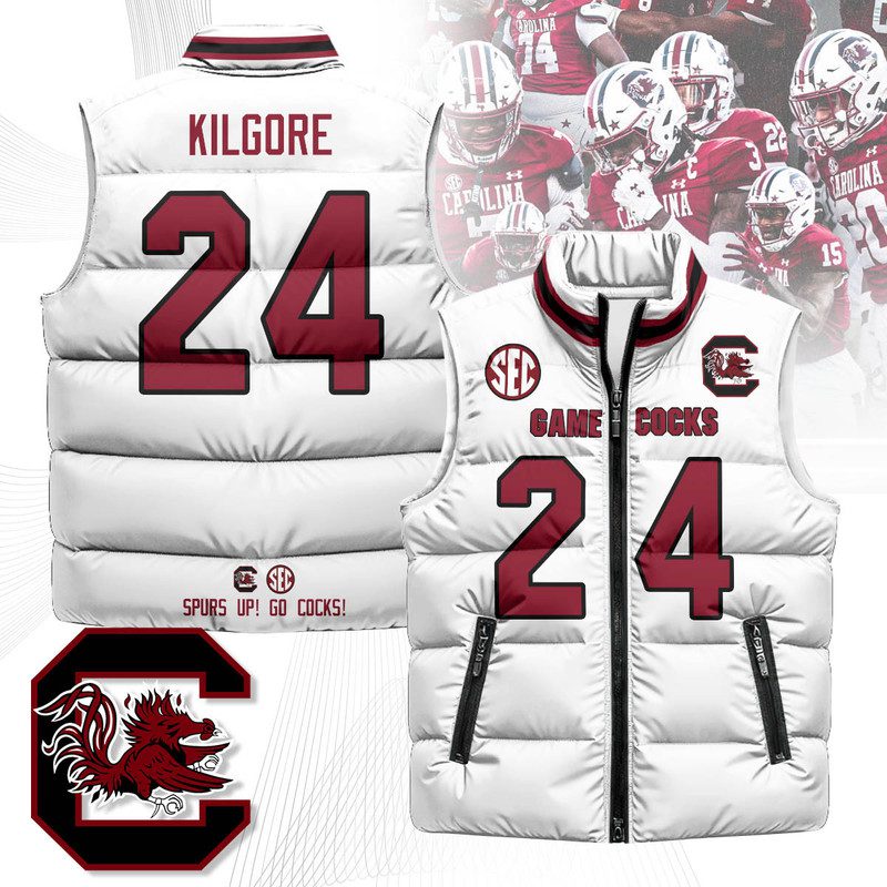 South-Carolina-Gamecocks-Unisex-Puffer-Vest-Sleeveless-Down-Jacket-White-Jalon-Kilgore-24 South Carolina Gamecocks Unisex Puffer Vest Sleeveless Down Jacket- White / Jalon Kilgore - 24
