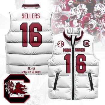South Carolina Gamecocks Unisex Puffer Vest Sleeveless Down Jacket- White / LaNorris Sellers - 16