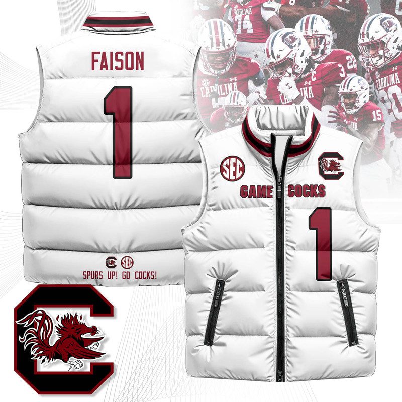 South-Carolina-Gamecocks-Unisex-Puffer-Vest-Sleeveless-Down-Jacket-White-Rahsul-Faison-1 South Carolina Gamecocks Unisex Puffer Vest Sleeveless Down Jacket- White / Rahsul Faison - 1