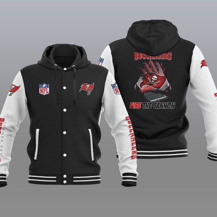 Tampa-Bay-Buccaneers-Hooded-Button-Jacket-Varsity-Jacket-with-Hood-Black Tampa Bay Buccaneers Hooded Button Jacket Varsity Jacket with Hood - Black