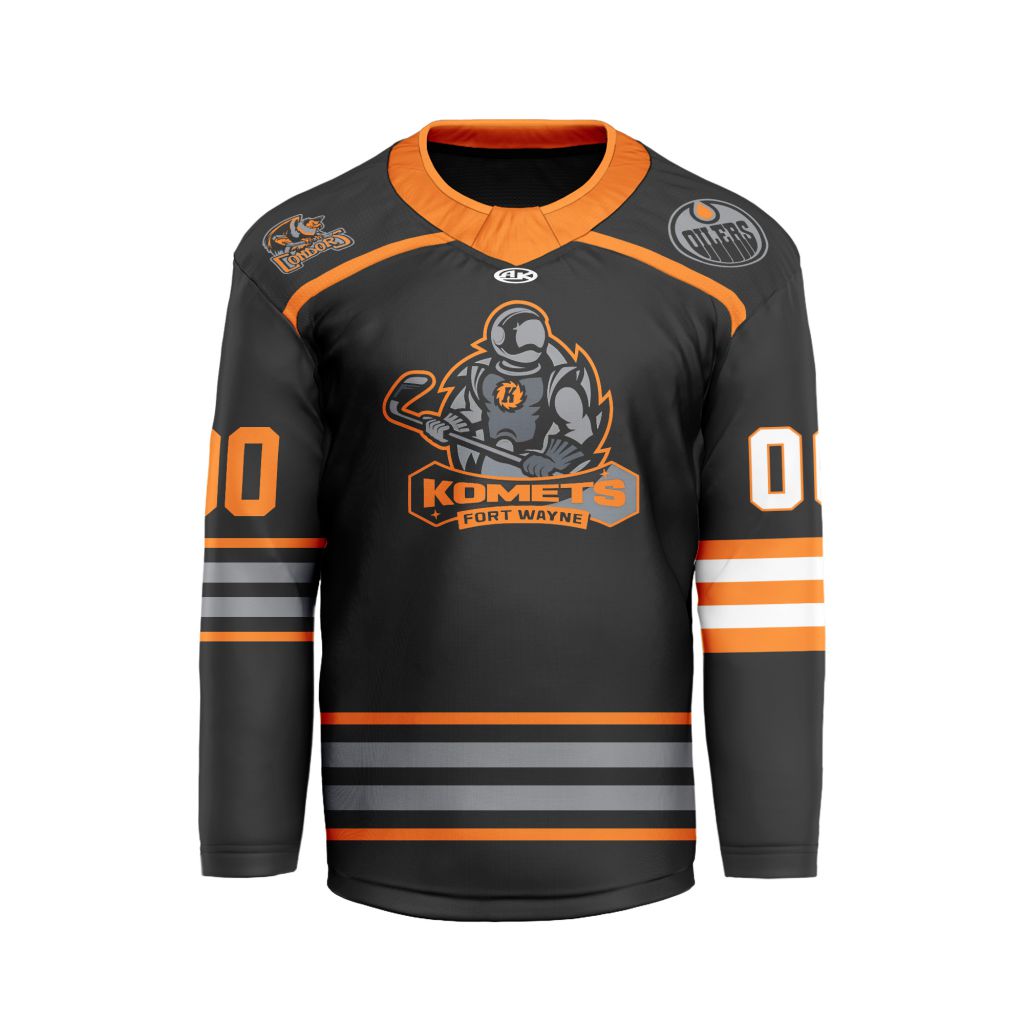 ECHL-Fort-Wayne-Komets-Personalized-Blackout-V-shaped-Hockey-Jersey ECHL Fort Wayne Komets Personalized Blackout V-shaped Hockey Jersey