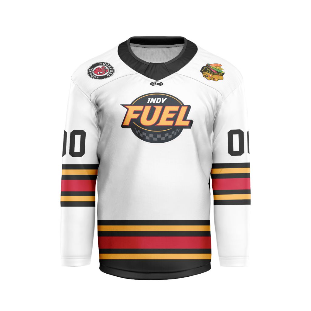ECHL-Indy-Fuel-Personalized-White-V-shaped-Hockey-Jersey ECHL Indy Fuel Personalized White V-shaped Hockey Jersey