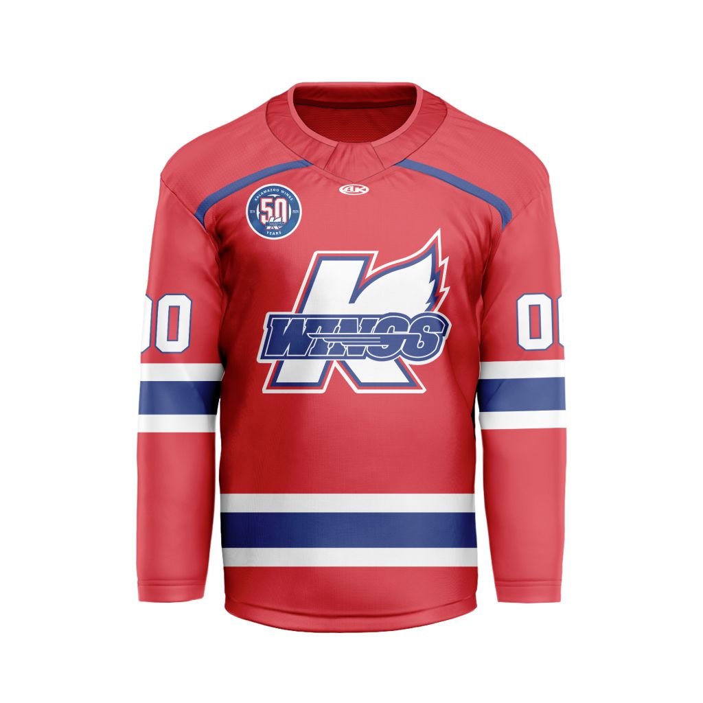 ECHL-Kalamazoo-Wings-Personalized-Red-V-shaped-Hockey-Jersey ECHL Kalamazoo Wings Personalized Red V-shaped Hockey Jersey