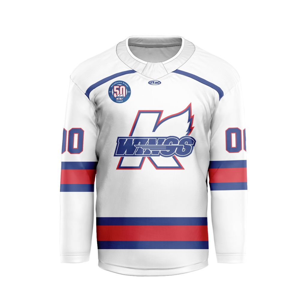 ECHL-Kalamazoo-Wings-Personalized-White-V-shaped-Hockey-Jersey ECHL Kalamazoo Wings Personalized White V-shaped Hockey Jersey