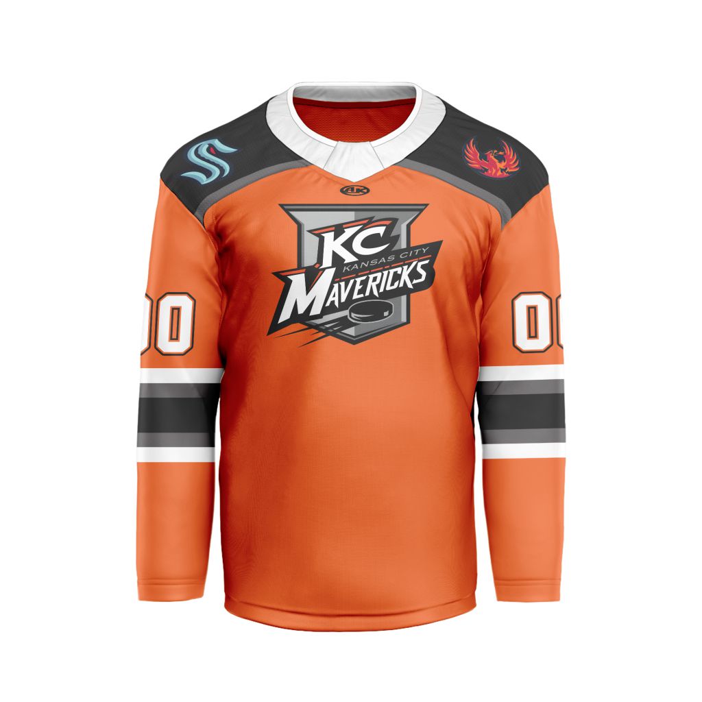 ECHL-Kansas-City-Mavericks-Personalized-Orange-V-shaped-Hockey-Jersey ECHL Kansas City Mavericks Personalized Orange V-shaped Hockey Jersey