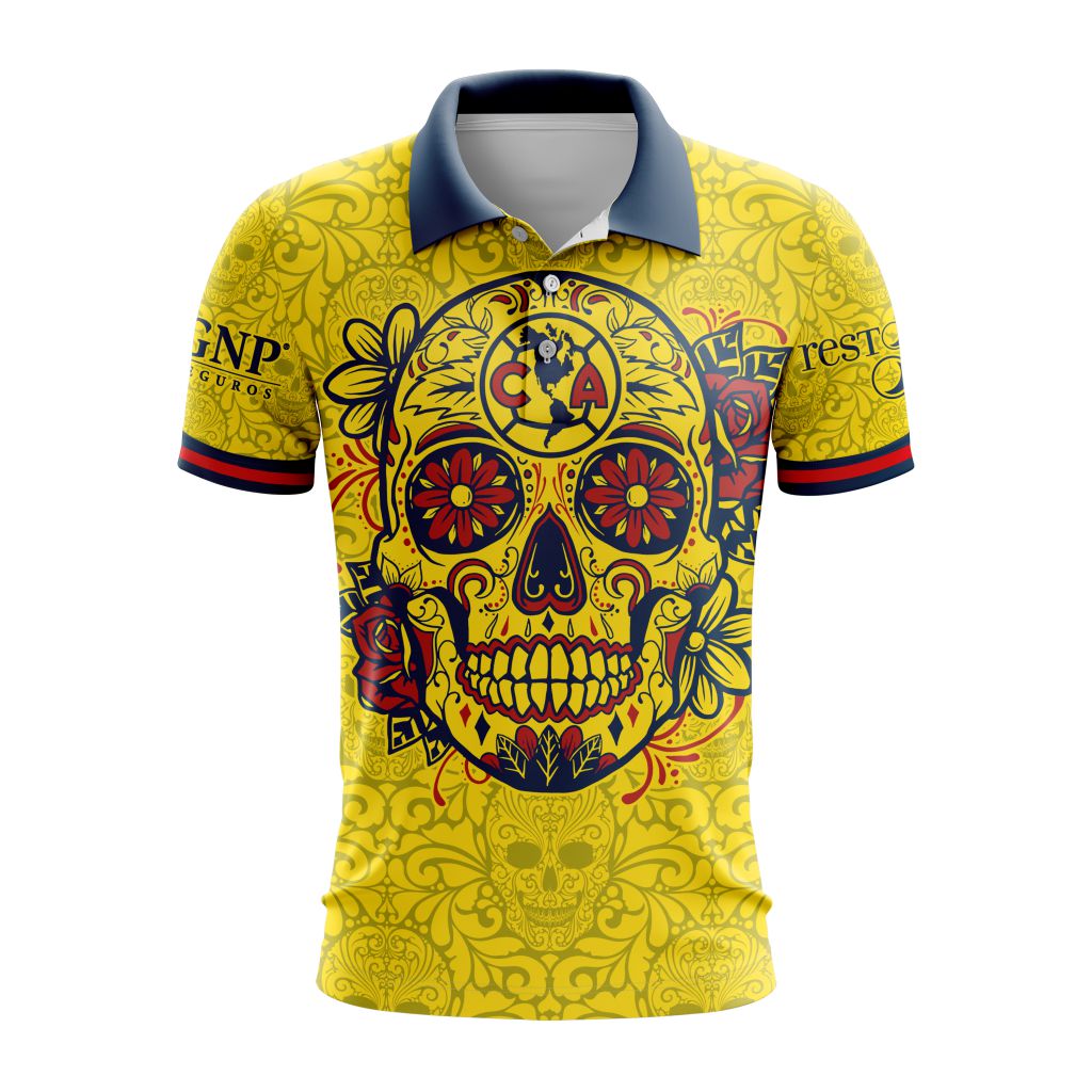 Liga-MX-Club-America-Special-2024-Home-Dia-De-Muertos-Design-Polo-Shirt Liga MX Club America Special 2024 Home Dia De Muertos Design Polo Shirt