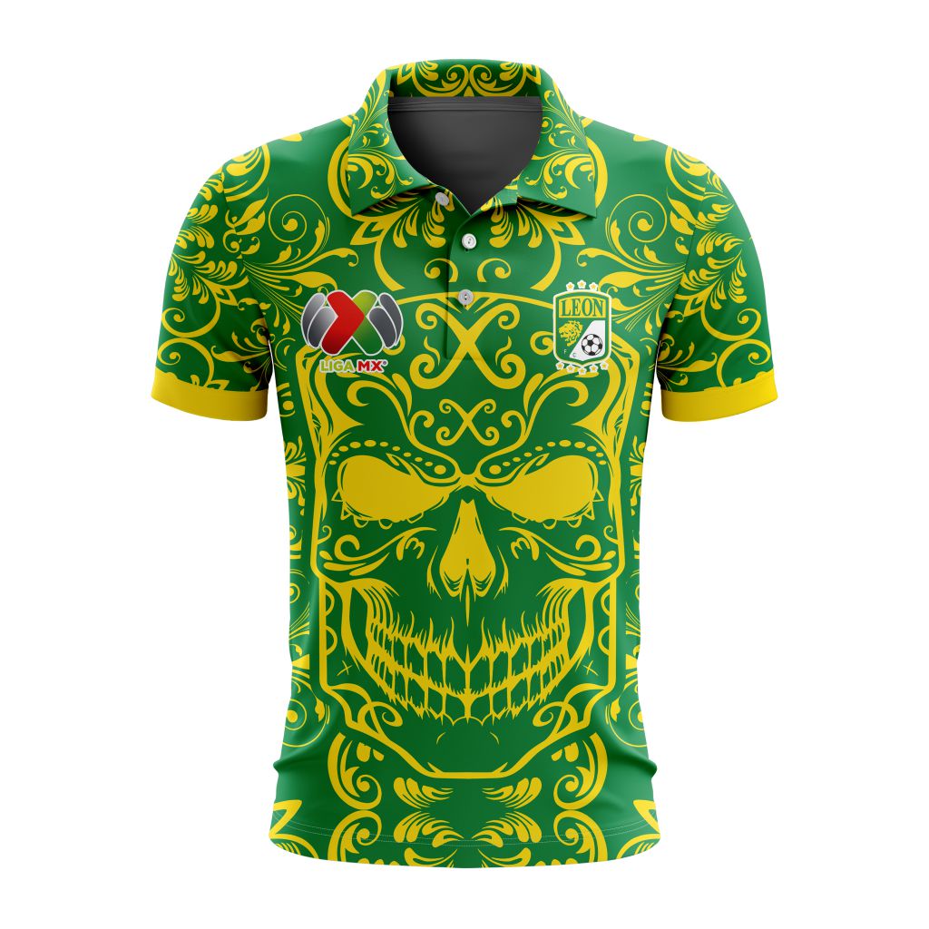 Liga-MX-Club-Leon-Special-Dia-De-Muertos-Design-Polo-Shirt Liga MX Club Leon Special Dia De Muertos Design Polo Shirt